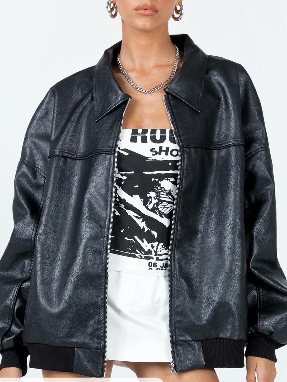 Princess Polly Goldsmith Oversize Faux Leather Bomber Jacket in Black
